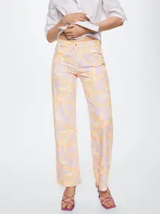 MANGO Women Lavender & White Printed Wide Leg Low-Rise Pure Cotton Printed Jeans