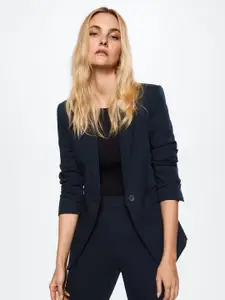 MANGO Women Navy Blue Notched Lapel Solid Single-Breasted Casual Blazer