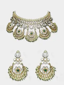 AURAA TRENDS Gold-Plated White & Green Kundan Studded  Necklace Set