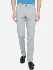 JADE BLUE Men Grey Solid Slim Fit Pure Cotton Trousers