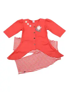 V-Mart Girls Coral & White Pure Cotton Top with Trousers