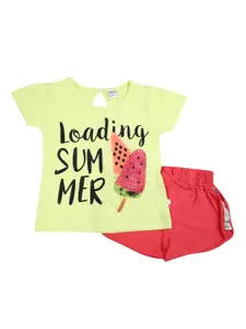 V-Mart Girls Green & Red Printed Pure Cotton T-shirt with Shorts