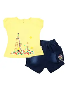 V-Mart Girls Yellow & Blue Pure Cotton Printed Top with Shorts