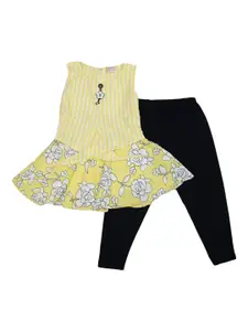 V-Mart Girls Yellow & Navy Blue Printed Pure Cotton Top with Leggings