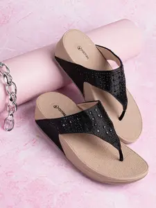 FOOTONS Black Embellished Comfort Sandals with Laser Cuts
