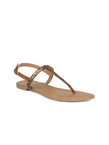 SOLES Women Brown T-Strap Flats with Buckles