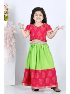 ADIVA Girls Pink & Green Printed Ready to Wear Lehenga &