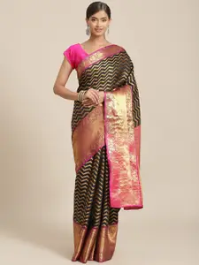Silk Land Black & Pink Zari Silk Blend Banarasi Saree