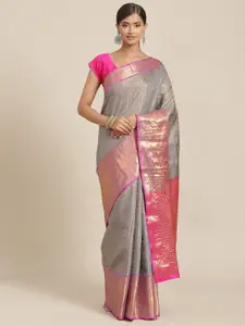 Silk Land Grey & Pink Zari Silk Blend Banarasi Saree