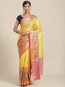 Silk Land Yellow & Red Ethnic Motifs Zari Silk Blend Banarasi Saree