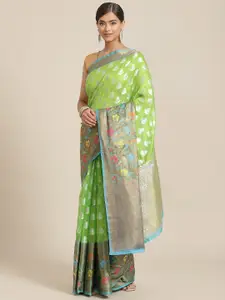 Silk Land Green & Teal Ethnic Motifs Zari Silk Blend Banarasi Saree