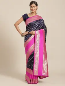 Silk Land Navy Blue & Pink Ethnic Motifs Zari Art Silk Banarasi Saree