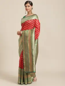 Silk Land Red & Green Ethnic Motifs Zari Art Silk Banarasi Saree