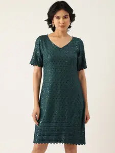 BRINNS Teal Green Ethnic Motifs Embroidered Sequin Ethnic Sheath Dress