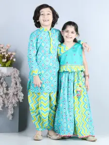 Kinder Kids Girls Blue & Lime Green Embroidered Ready to Wear Lehenga &