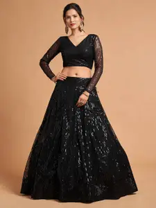 FABPIXEL Black Embroidered Sequinned Kalamkari Semi-Stitched Lehenga & Unstitched Blouse With Dupatta