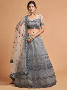 FABPIXEL Grey Embroidered Kalamkari Semi-Stitched Lehenga & Unstitched Blouse With Dupatta