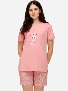 Lenissa Women Pink Printed Pure Cotton Night suit