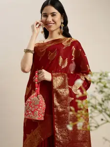swatika Red Woven Design Silk Blend Bhagalpuri Saree with Unstitched Blouse Piece
