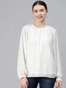 Marks & Spencer Solid Dobby Fabric Raglan Puff Sleeves Ethnic Embroidered Top