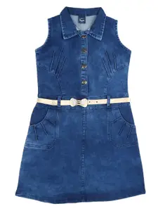 V-Mart Girls Blue Solid Belted Shirt Collar A-Line Dress