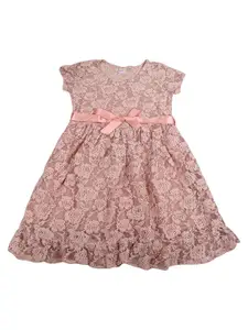 V-Mart Kids-Girls Peach-Coloured Cotton Self Design Net Round Neck Fit and Flare Dress