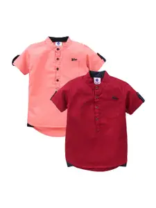 TONYBOY Boys Peach-Coloured and Red Set Of 2 Premium Casual Shirt