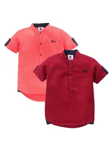 TONYBOY Boys Pack Of 2 Maroon & Coral Pure Cotton Premium Casual Shirt