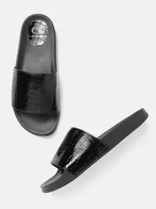 Carlton London Women Black Croc- Textured Open Toe Flats
