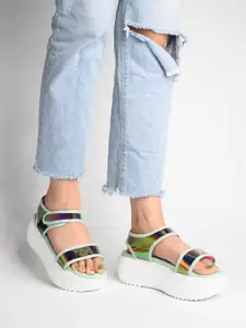 Shoetopia Girls Green Flatform Peep Toes with Buckles