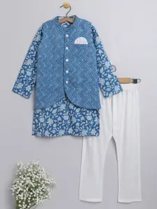 The Magic Wand Boys Blue Floral Printed Pure Cotton Kurta with Pyjamas