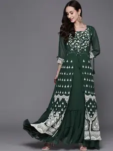 Indo Era Green Floral Embroidered Georgette Ethnic A-Line Maxi Dress