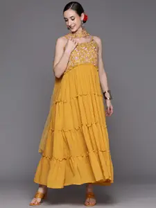 Indo Era Women Yellow & Pink Floral Georgette Ethnic A-Line Maxi Dress with Dupatta