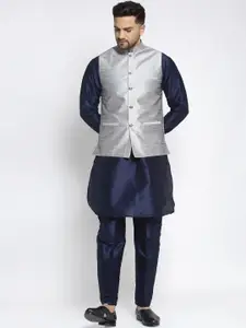 Kaifoo Men Navy Blue & Silver Kurta with Pyjamas
