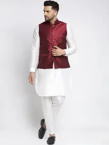 Kaifoo Men White and marron Layered Kurta with Pyjamas with Nehru Jacket