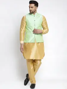 Kaifoo Men Gold-Toned Kurta with Churidar And  With Nehru Jacket