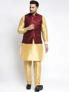 Kaifoo Men Gold-Toned & Maroon Kurta & Pyjamas With Nehru Jacket