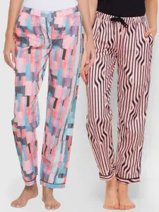 FashionRack Pack of 2 Pink & Beige Printed Cotton Lounge Pants