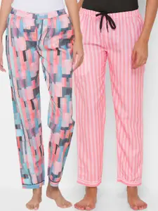 FashionRack Women Pack of 2 Pink & Blue Printed Cotton Lounge Pants