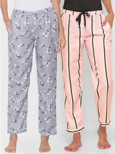 FashionRack Women Pack of 2 Grey & Pink Printed Cotton Lounge Pants