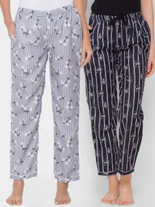 FashionRack Pack of 2 Black & Grey Floral Printed Cotton Lounge Pants