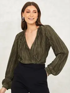 Styli Women Party Bling & Sparkly Metallic Pleated Wrap Top With Fitted Waistband