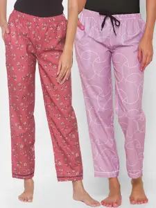 FashionRack Women Pack of 2 Brown & Pink Printed Cotton Lounge Pants
