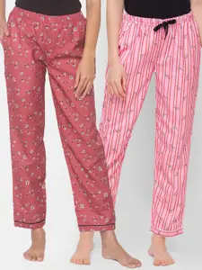 FashionRack Pack of 2 Pink & Brown Printed Cotton Lounge Pants