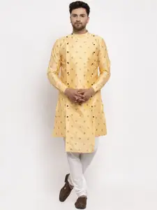 KLOTTHE Men Gold-Toned & White Floral Printed Angrakha Kurta with Churidar