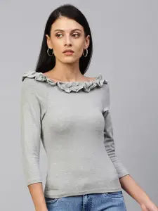 Chemistry Women Grey Melange Solid Ruffled Pure Cotton Knitted Top