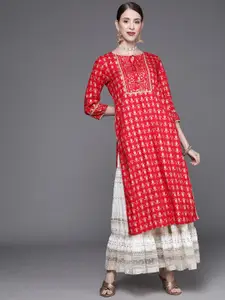 Varanga Women Red & Golden Ethnic Motifs Printed Gotta Patti Kurta