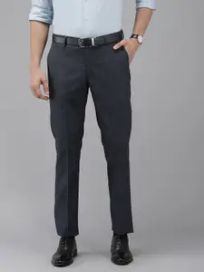 Arrow Men Navy Blue Self Design Textured Mid-Rise Tailored Fit Formal Trousers