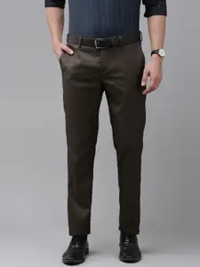 Arrow Men Dark Brown Solid Tailored Fit Mid-Rise Plain Woven Flat-Front Formal Trousers