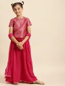 House of Pataudi Girls Fuchsia Embroidered Ready to Wear Lehenga & Blouse With Dupatta Set